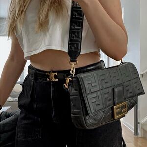 Fendi Black Baguette Large Embossed Shoulder Bag with Gold Accents